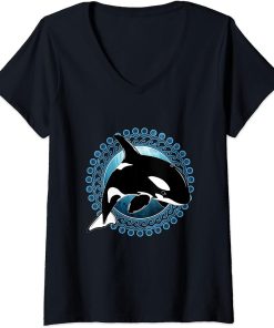 Womens Cute Orca Whale Polynesian Samoa V-Neck T-Shirt