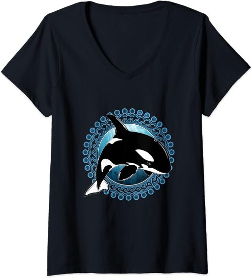 Womens Cute Orca Whale Polynesian Samoa V-Neck T-Shirt