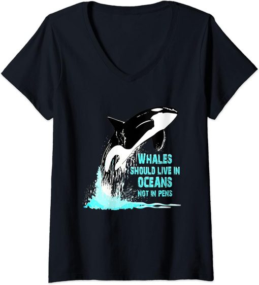 Womens Orcas Lovers: Whales Should Live In Oceans V-Neck T-Shirt