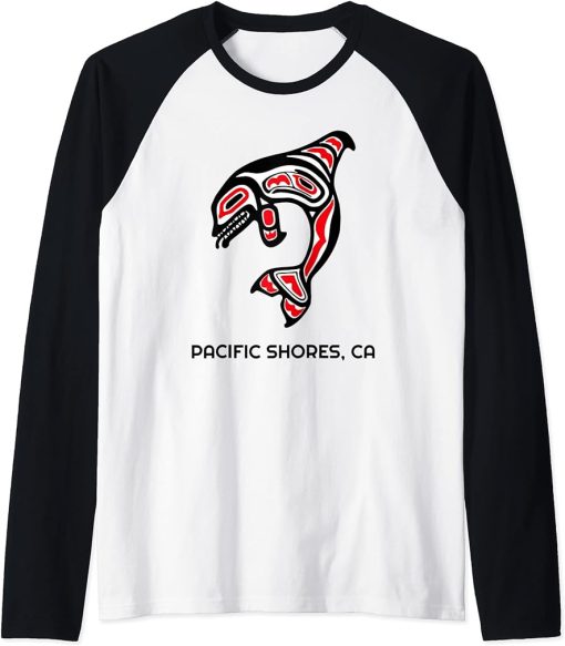 Pacific Shores, California Native American Orca Killer Whale Raglan Baseball Tee