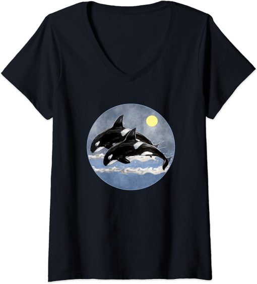 Womens Orca Killer Whale Family Art Retro Style Sea Panda Orcas V-Neck T-Shirt