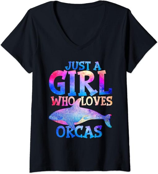 Womens Funny Whales Just A Girl Who Loves Orcas Orca Lovers V-Neck T-Shirt