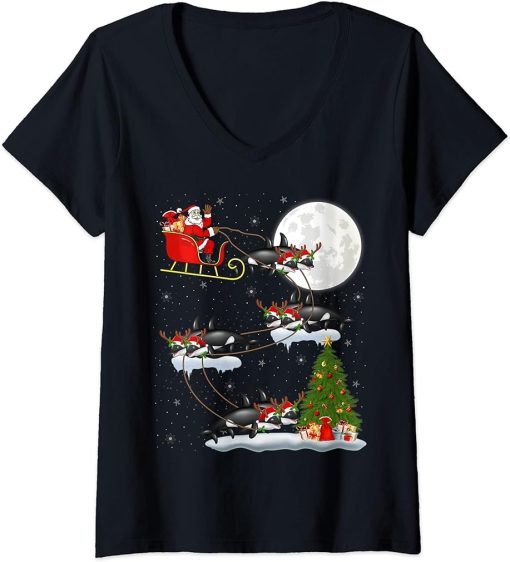 Womens Funny Xmas Lighting Tree Santa Riding Orca Fish Christmas V-Neck T-Shirt