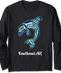 Blue Green Native American Southeast AK Orca Killer Whale Long Sleeve T-Shirt