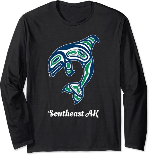 Blue Green Native American Southeast AK Orca Killer Whale Long Sleeve T-Shirt