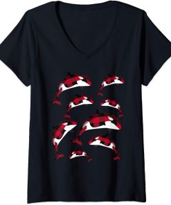 Womens Red Plaid Orca Whales Lover Christmas Matching Family Pajama V-Neck T-Shirt