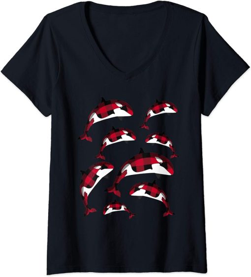 Womens Red Plaid Orca Whales Lover Christmas Matching Family Pajama V-Neck T-Shirt